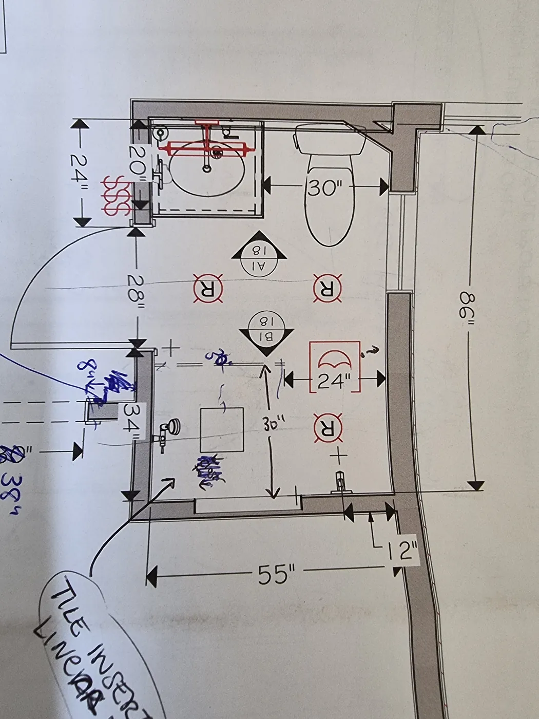 A marked-up renovation plan drawing